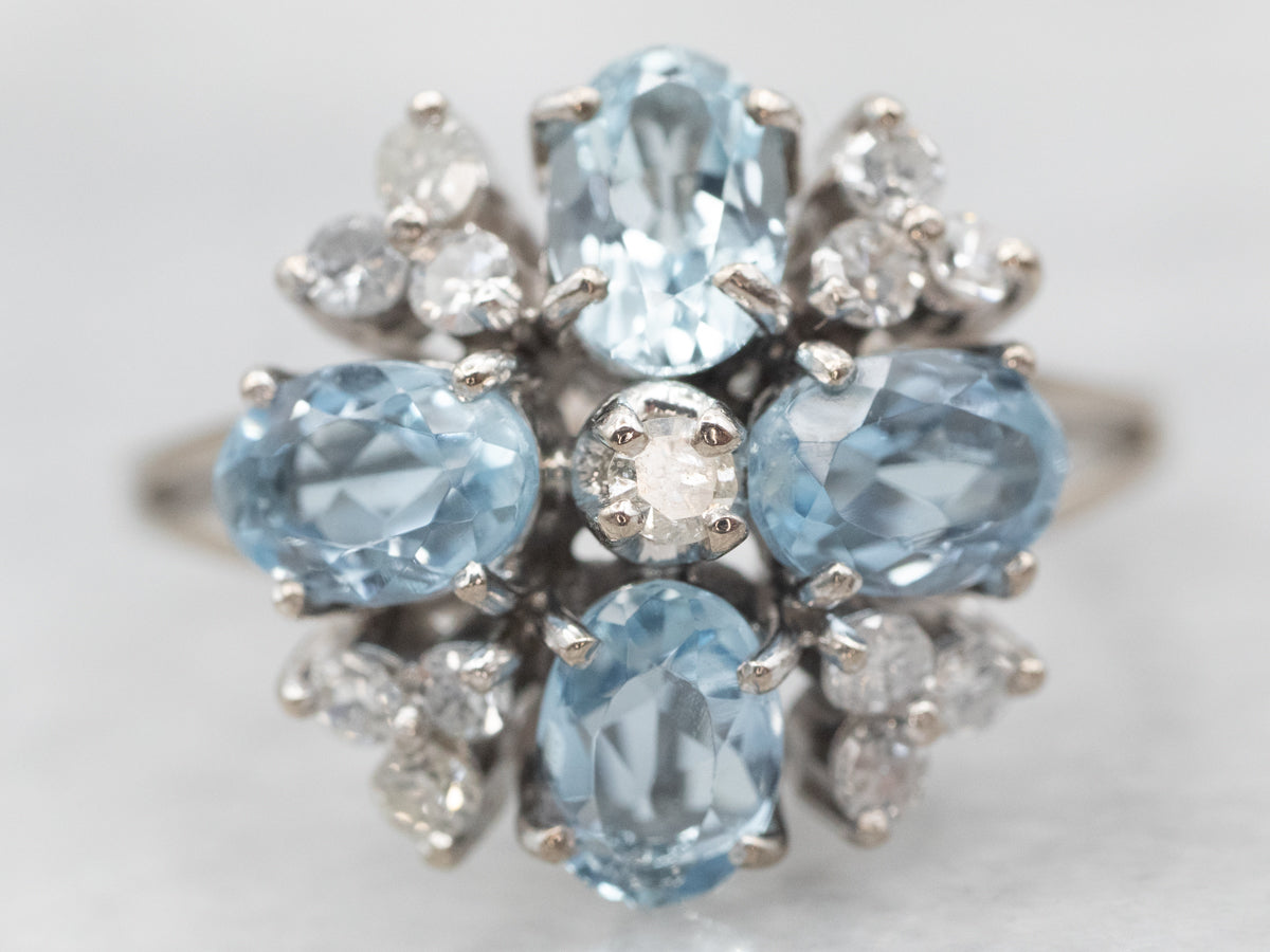 White Gold Aquamarine and Diamond Floral Ring