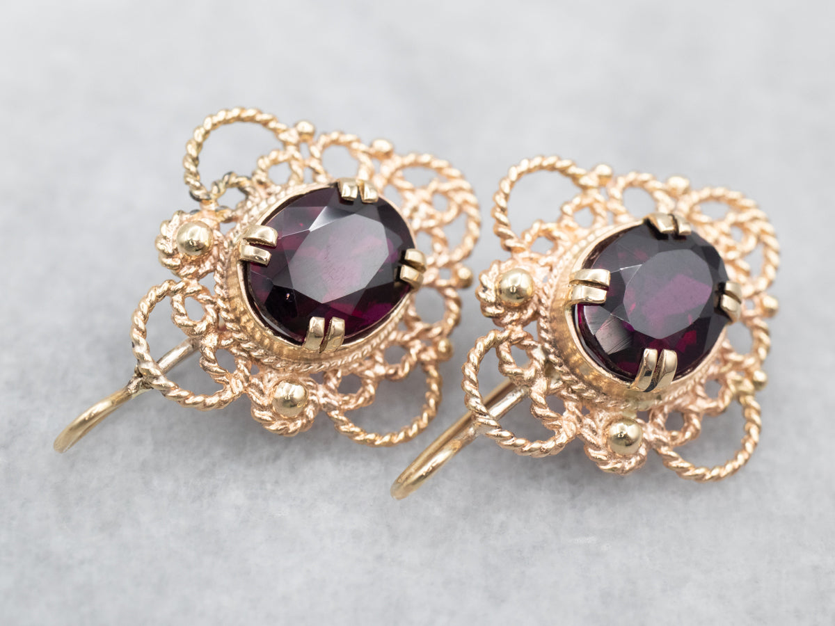 Ornate Gold Pyrope Garnet Filigree Drop Earrings