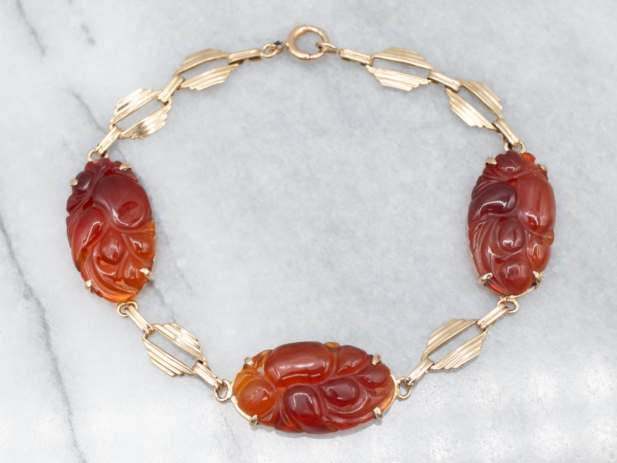 Vintage Carved Carnelian Flower Link Bracelet