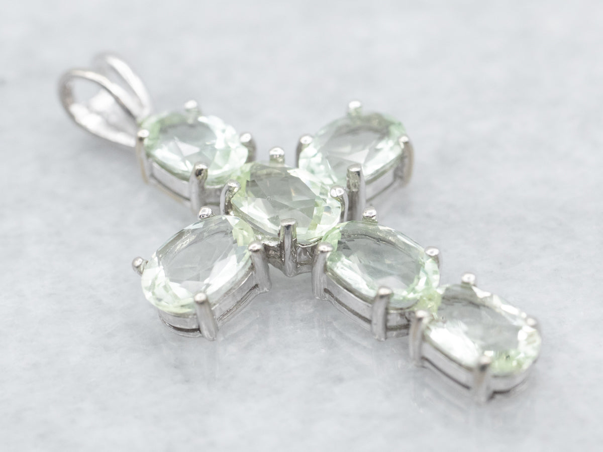 White Gold Prasiolite Green Quartz Cross Pendant