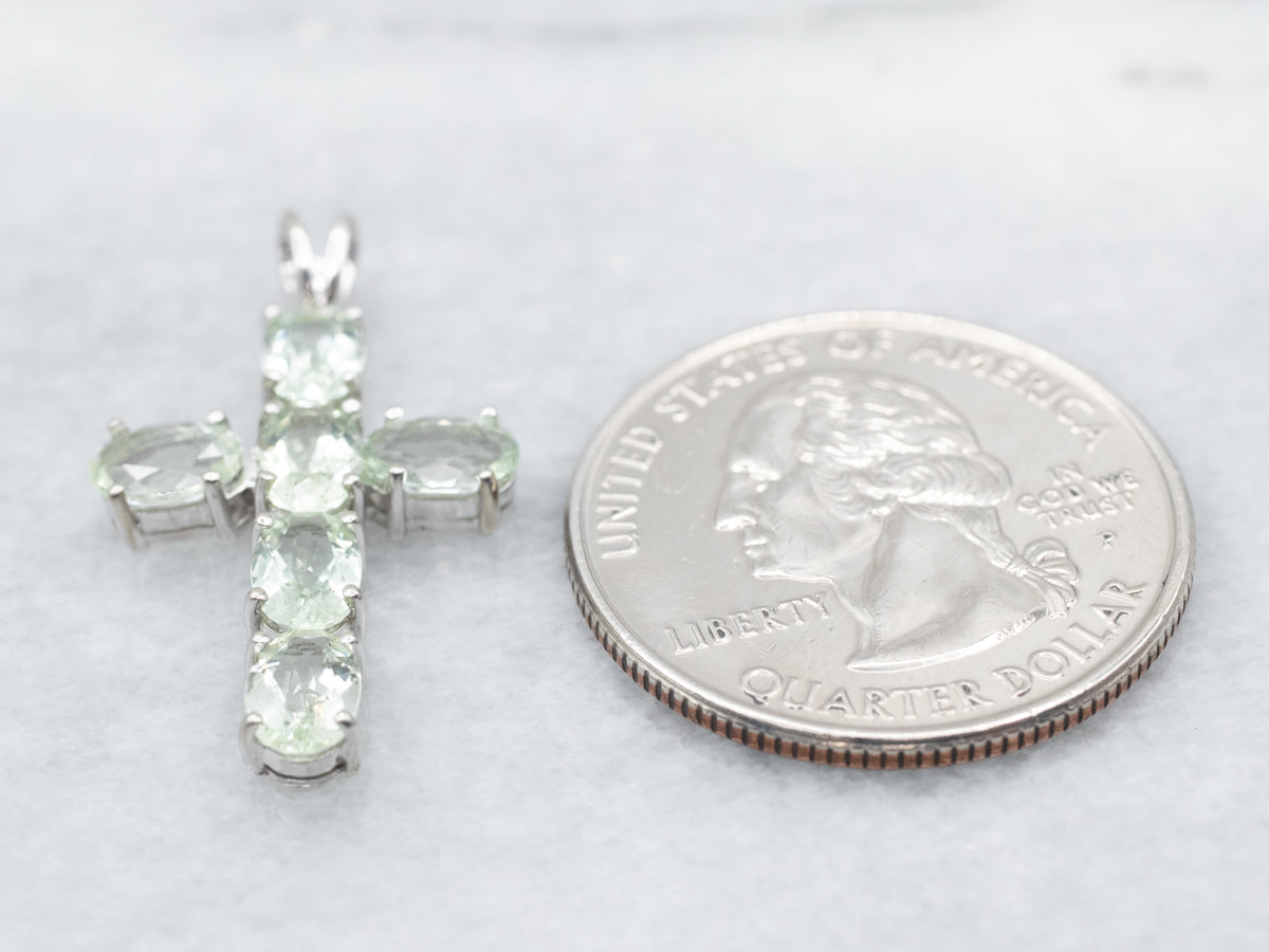 White Gold Prasiolite Green Quartz Cross Pendant