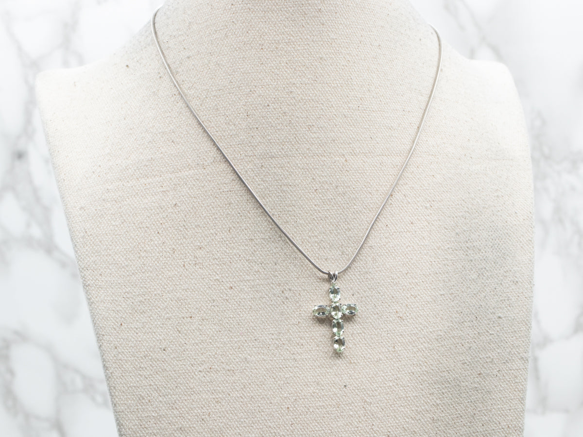 White Gold Prasiolite Green Quartz Cross Pendant