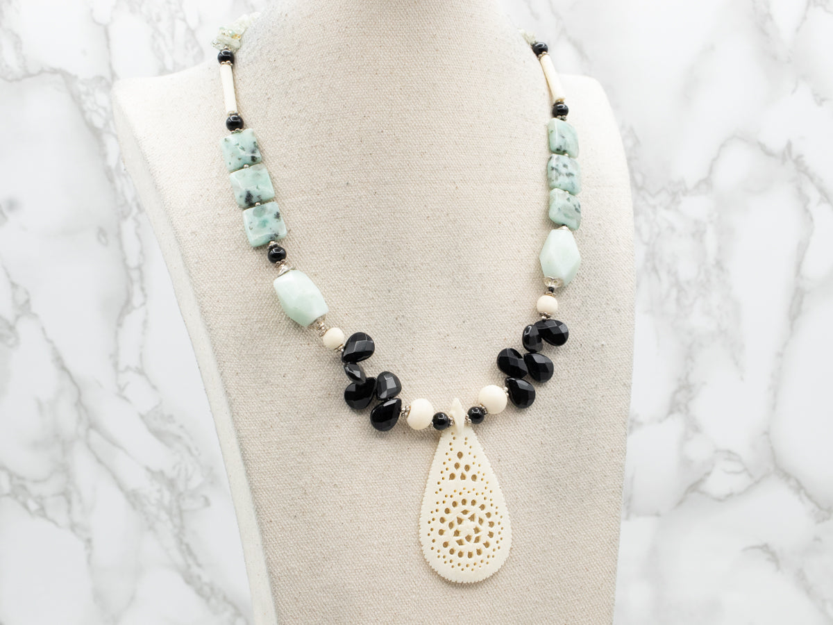 Statement Maker Bone, Aquamarine, and Onyx Necklace