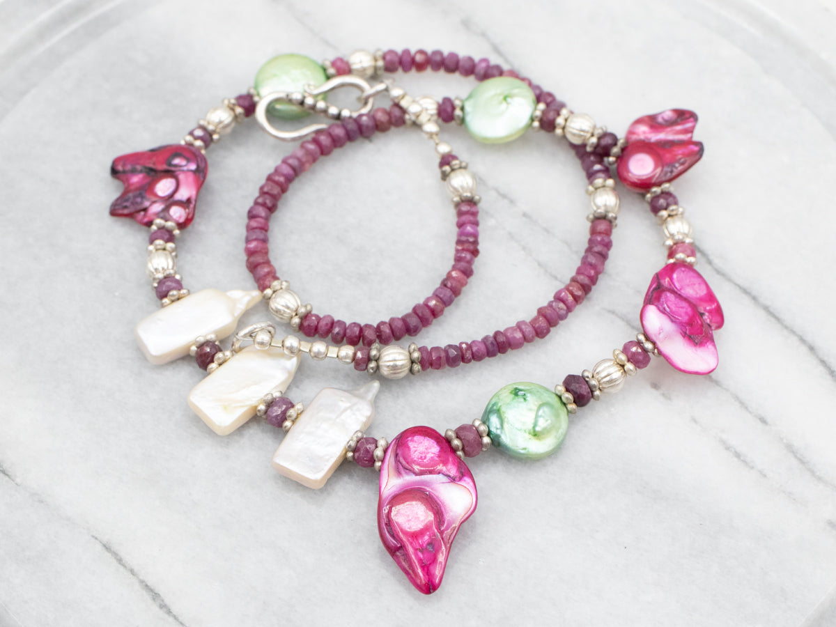 Sterling Silver Ruby and Pearl Necklace