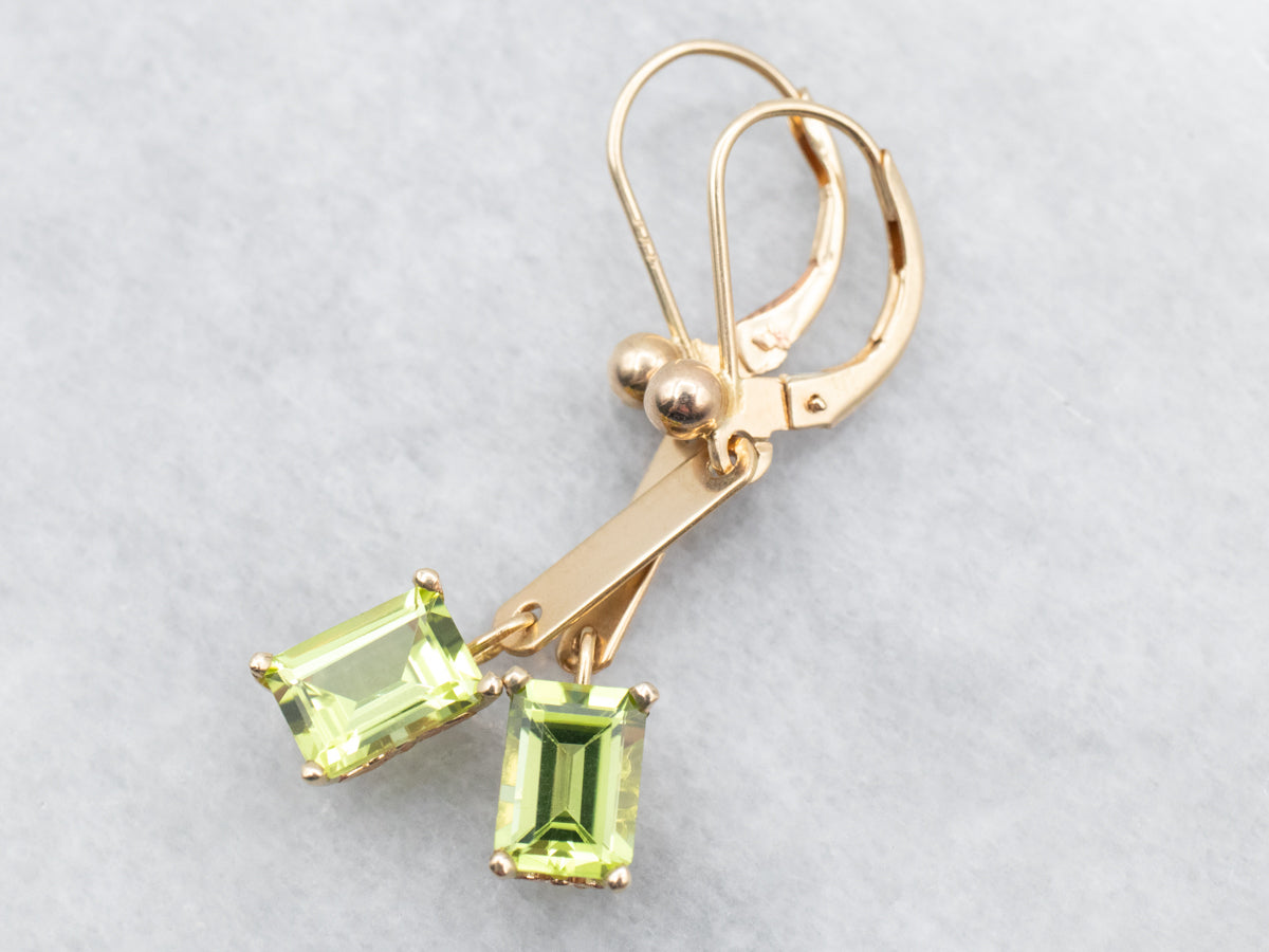 Yellow and Rose Gold Bar Peridot Drop Earrings