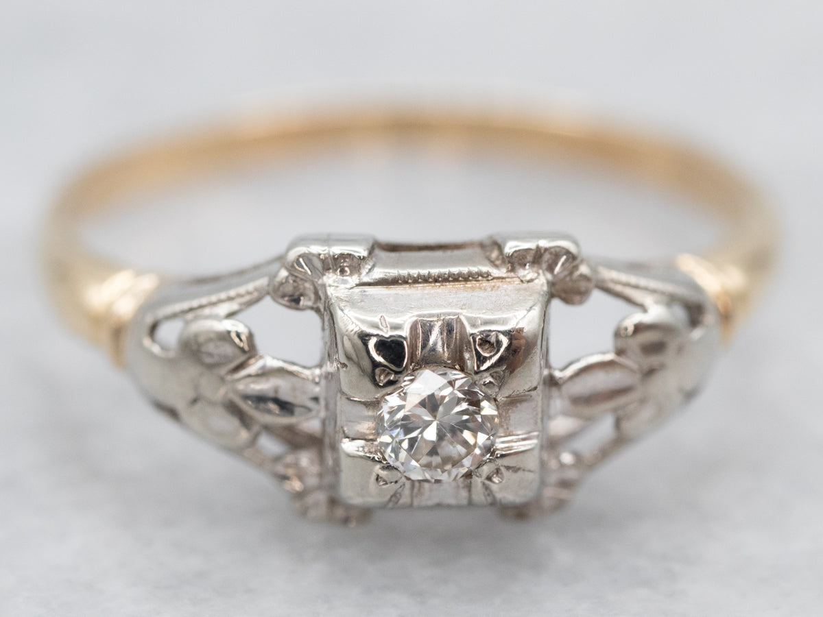 Retro Era Fleur-De-Lis Diamond Engagement Ring