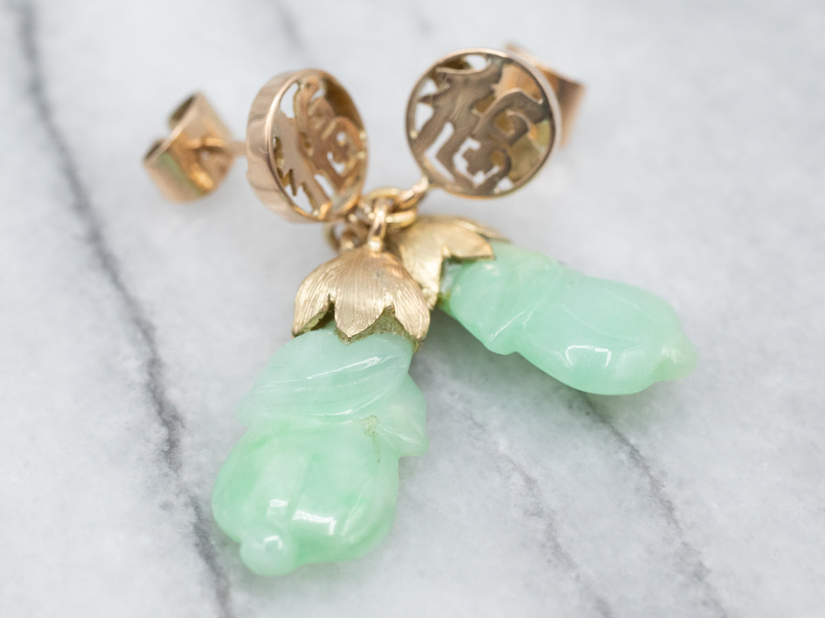 Vintage Gold Ethiopian Carved Jade Drop Earrings