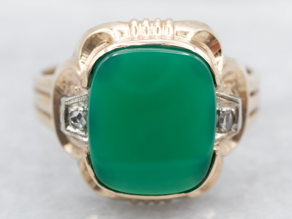 Fabulous Art Deco Green Onyx Ring with Diamond Accents