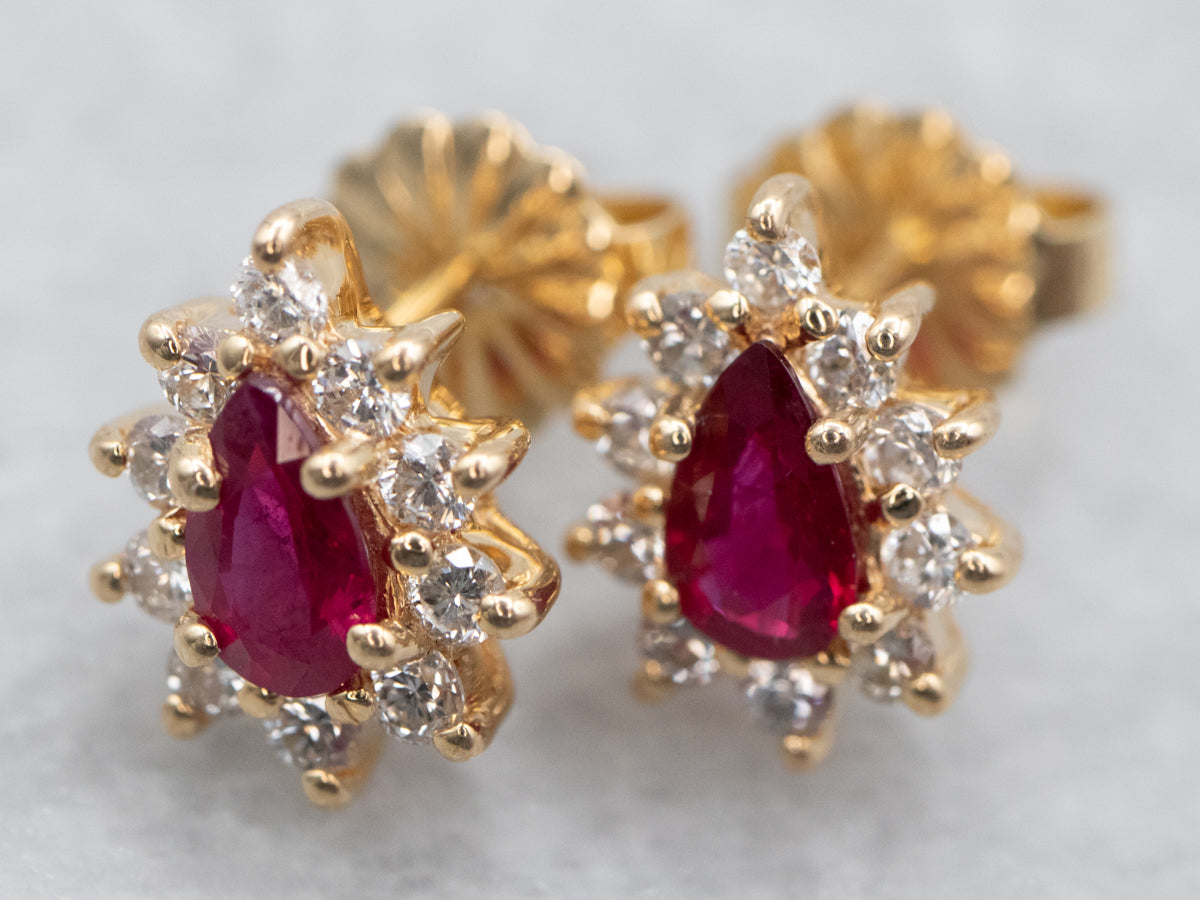 Genuine Ruby Earrings | 10K 2024 Yellow Gold Ruby with Diamond Stud Earrings