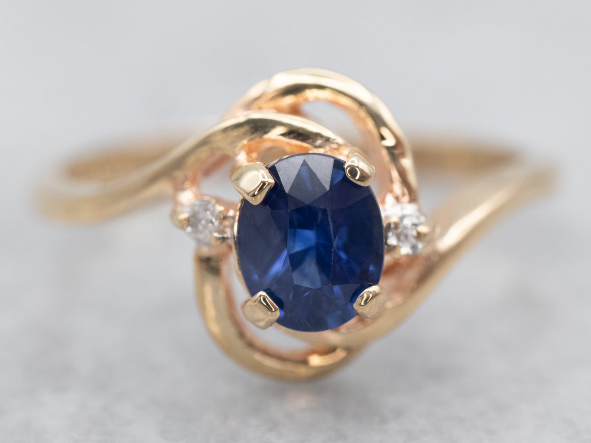 Gold Sapphire Bypass Ring with Diamond Accents