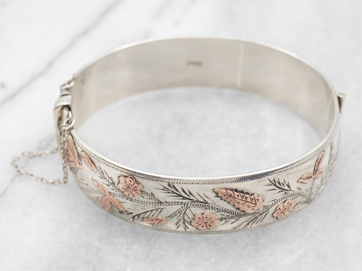 Mixed Metal Etched Foliage Bangle Bracelet