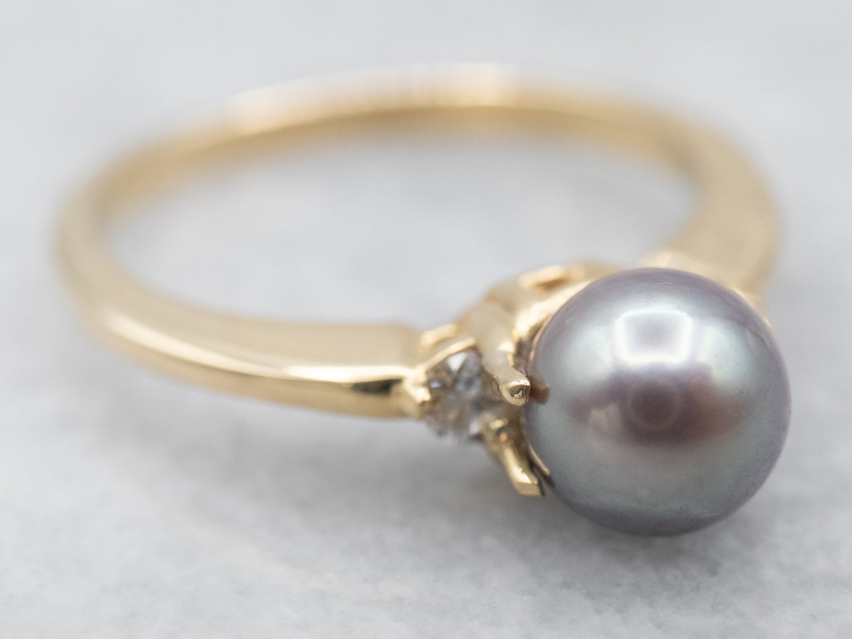 Gray Pearl Ring with Diamond Accents