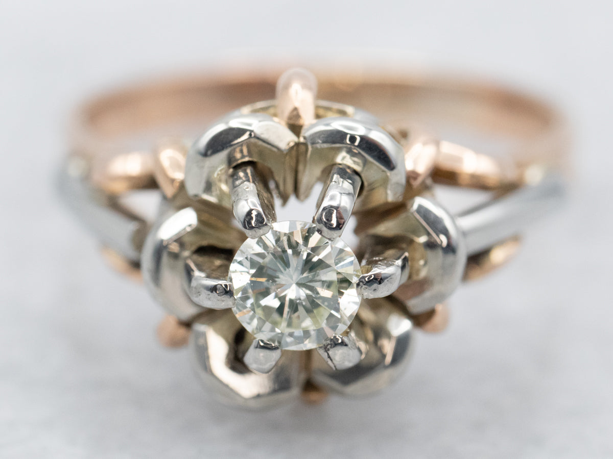 Two Tone Gold Diamond Flower Engagement Ring