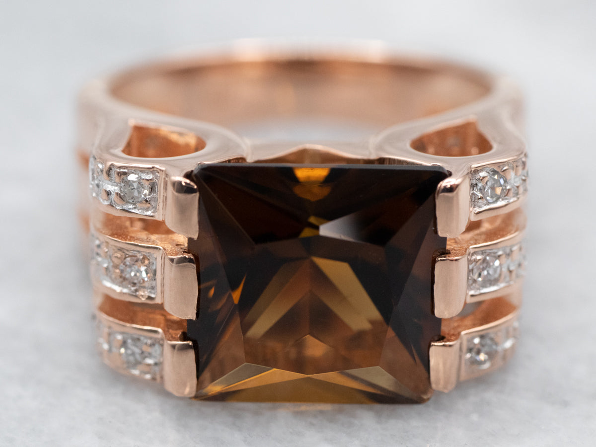 Large Rose Gold Brown Quartz and Diamond Ring