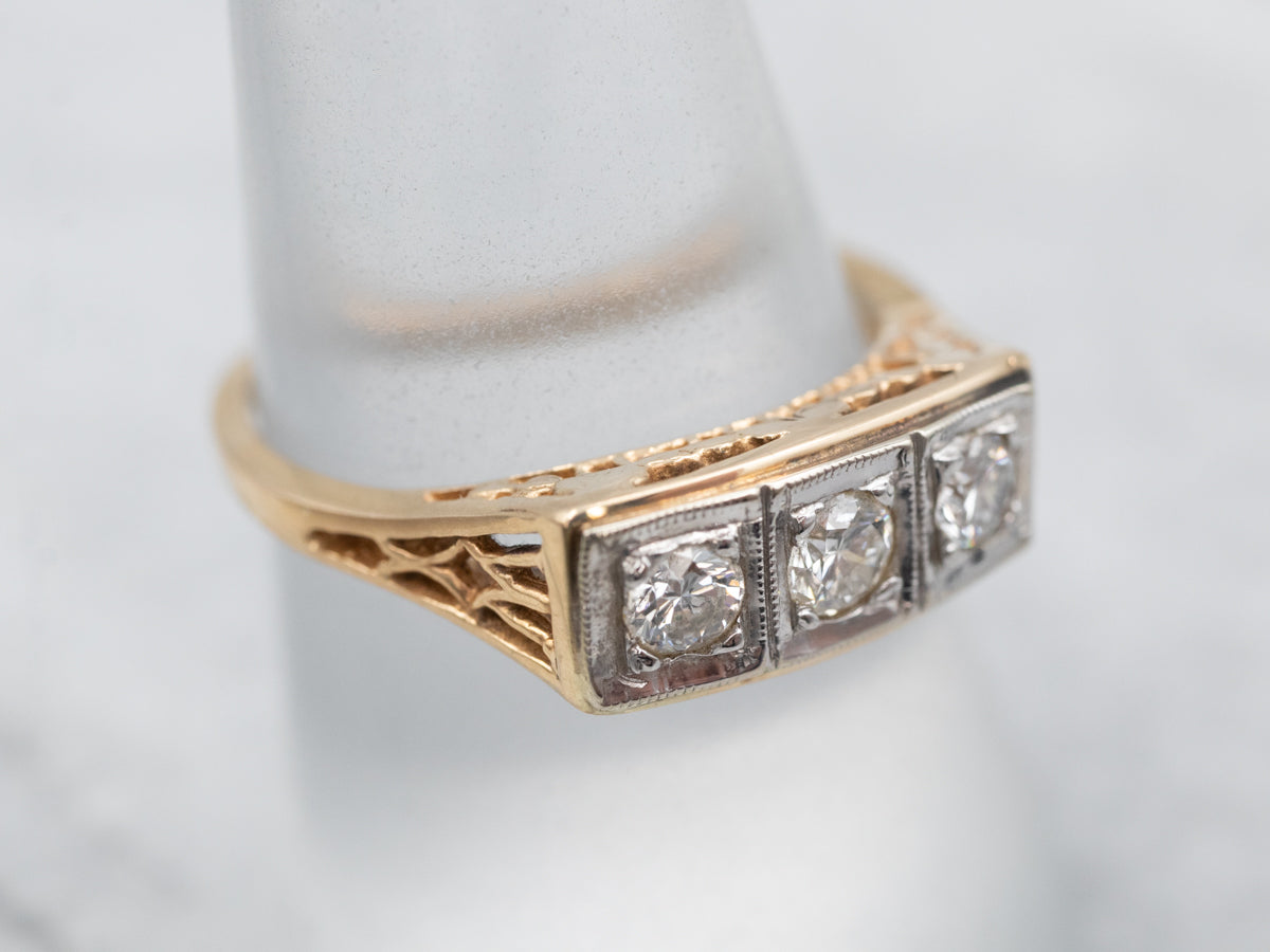 Substantial Two Tone Three Stone Diamond Ring