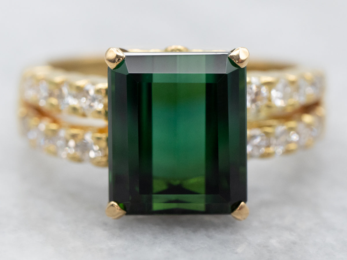 Stylish Green Tourmaline Ring with Double Row Diamond Accents