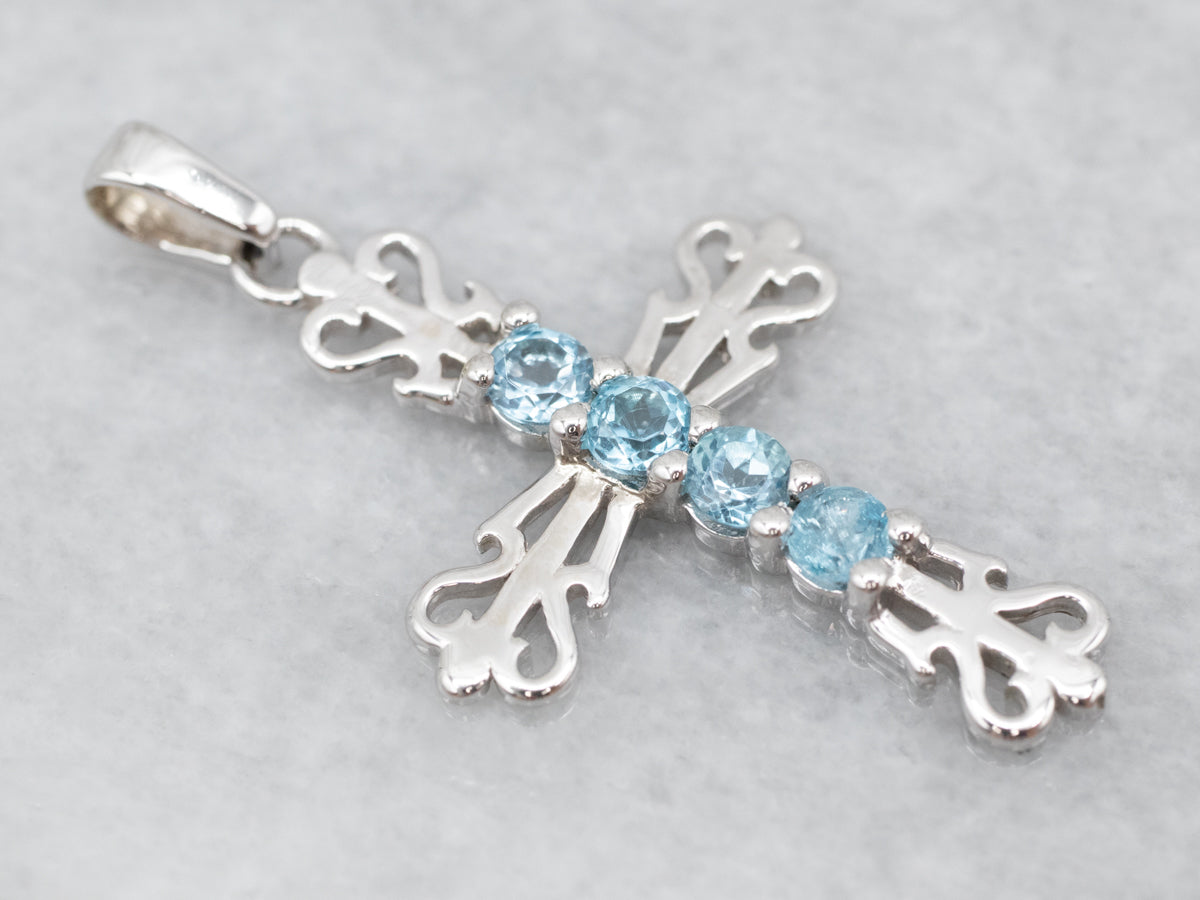 White Gold Blue Topaz Gemstone Cross