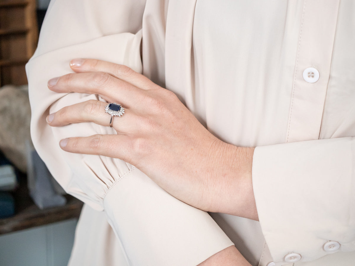 Stunning Platinum Sapphire and Diamond Halo Engagement Ring