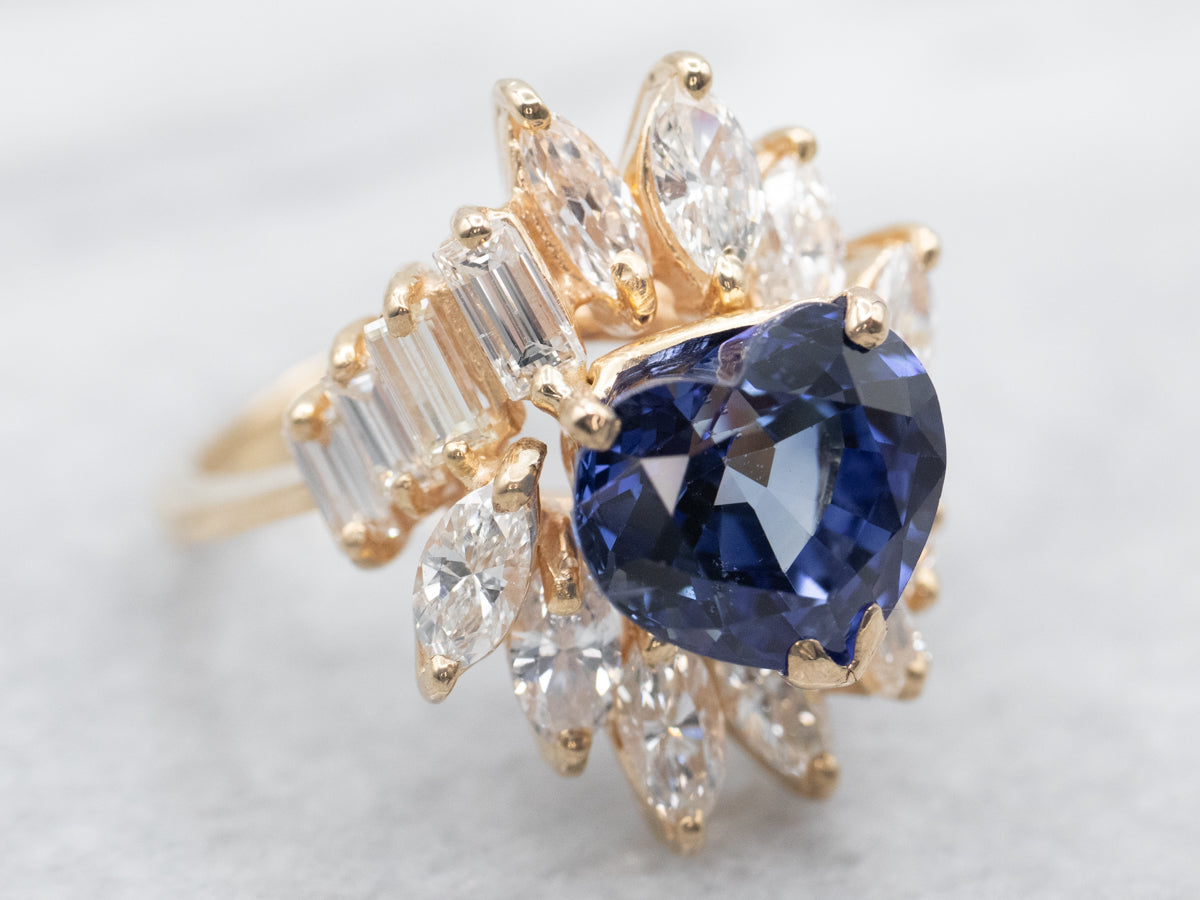 Heart-Cut Sapphire and Diamond Cluster Ring