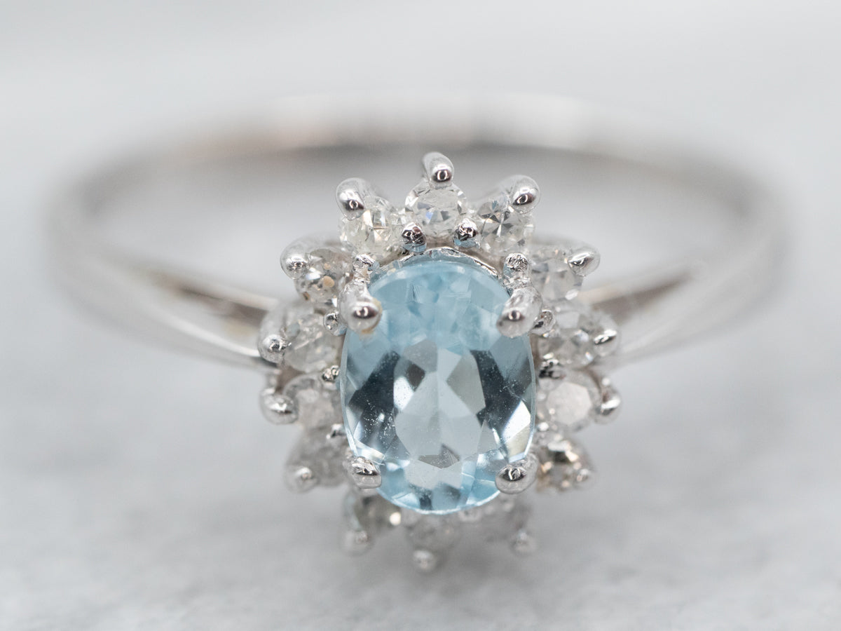 Pretty White Gold Aquamarine Diamond Halo Ring