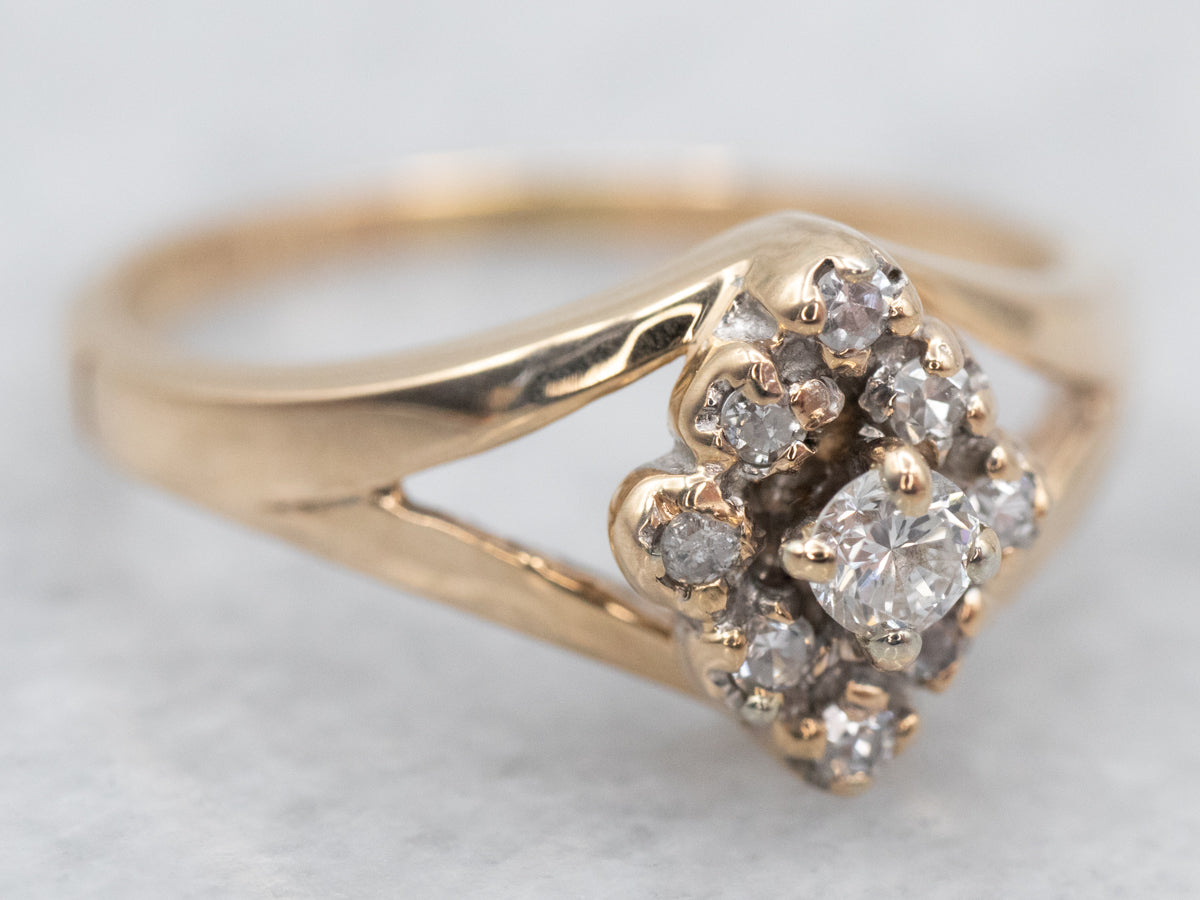 Glittering Yellow Gold Diamond Split Shank Cluster Ring