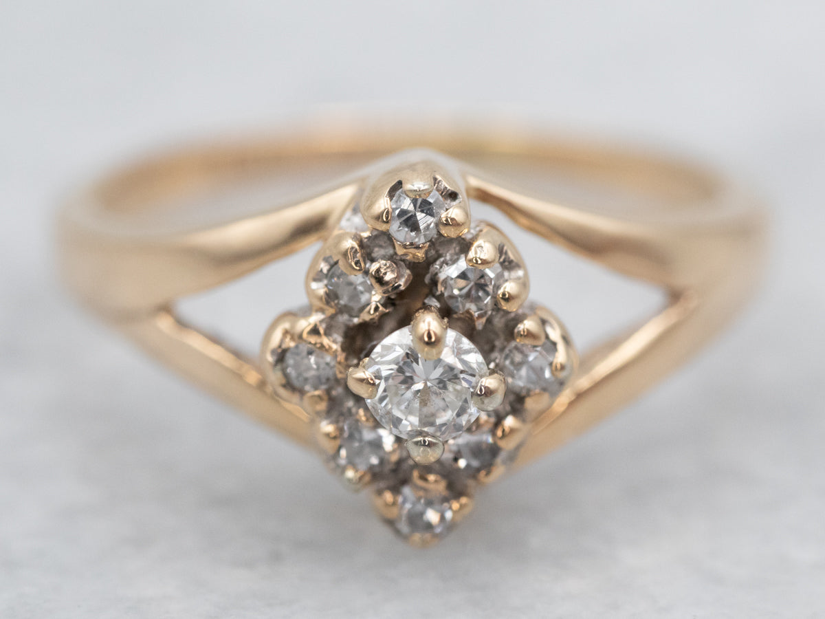 Glittering Yellow Gold Diamond Split Shank Cluster Ring