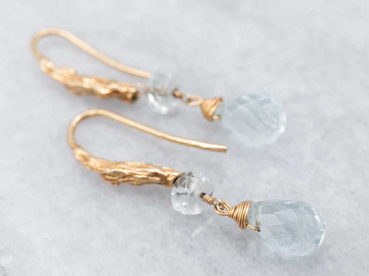 Pretty Yellow Gold Briolette Aquamarine Drop Earrings