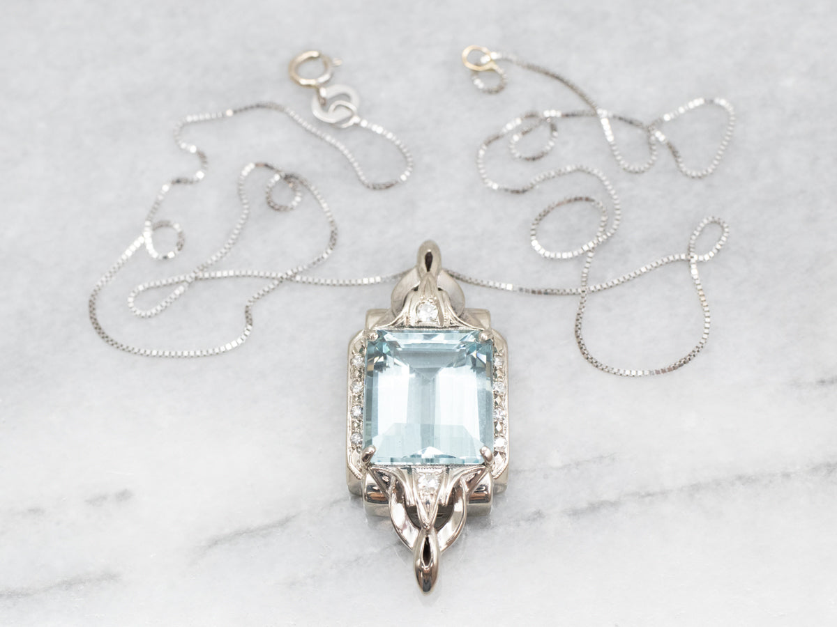 Gorgeous White Gold Aquamarine Pendant with Diamond Accents and Box Chain