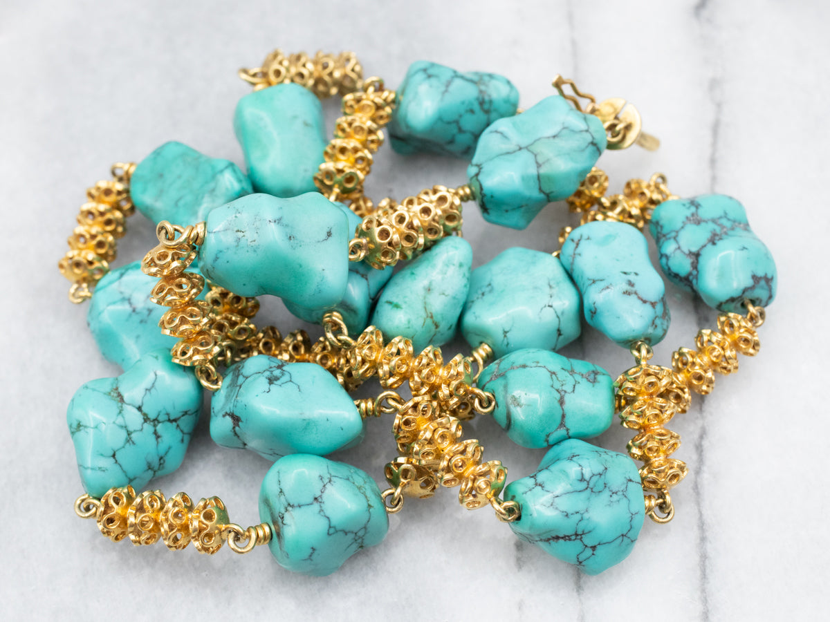 Stunning 18-Karat Gold Turquoise Nugget Beaded Necklace