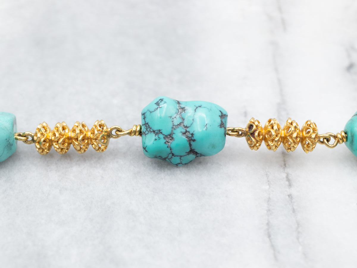 Stunning 18-Karat Gold Turquoise Nugget Beaded Necklace