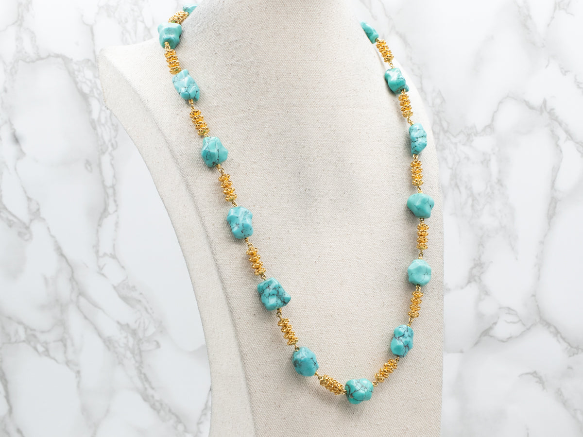 Stunning 18-Karat Gold Turquoise Nugget Beaded Necklace