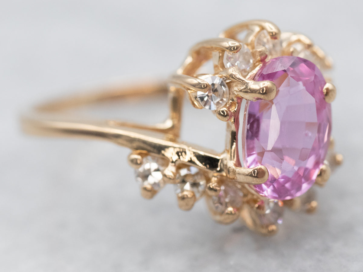 Pretty Pink Sapphire and Diamond Halo Bypass Ring