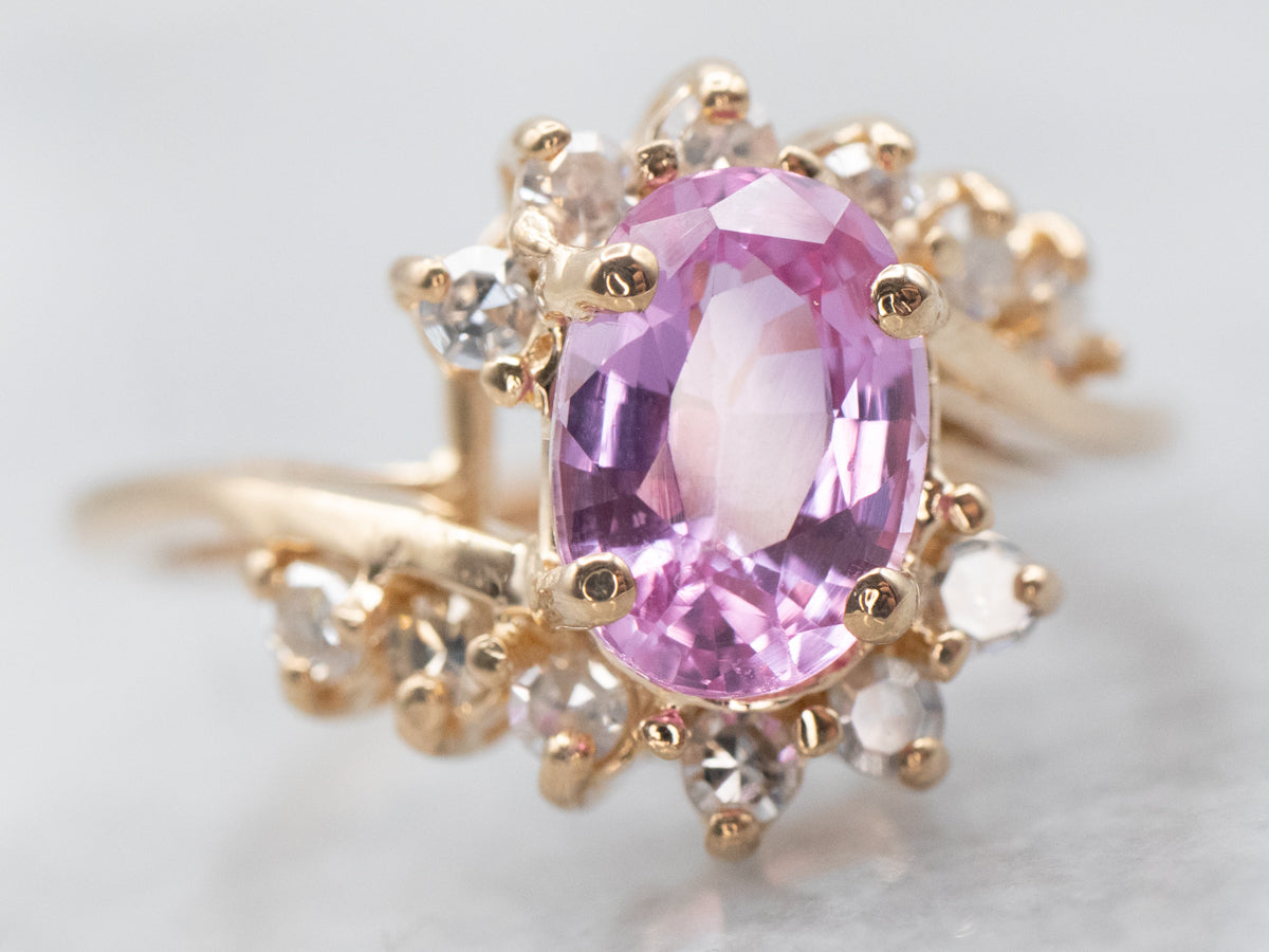 Pretty Pink Sapphire and Diamond Halo Bypass Ring