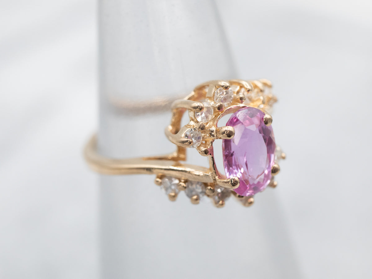 Pretty Pink Sapphire and Diamond Halo Bypass Ring