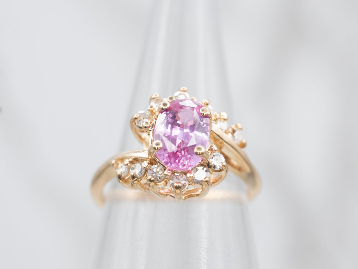 Pretty Pink Sapphire and Diamond Halo Bypass Ring