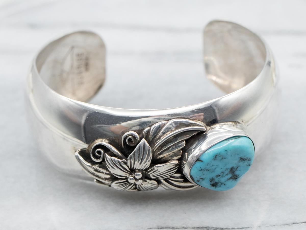 Sterling Silver Floral Native American Turquoise Cuff Bracelet