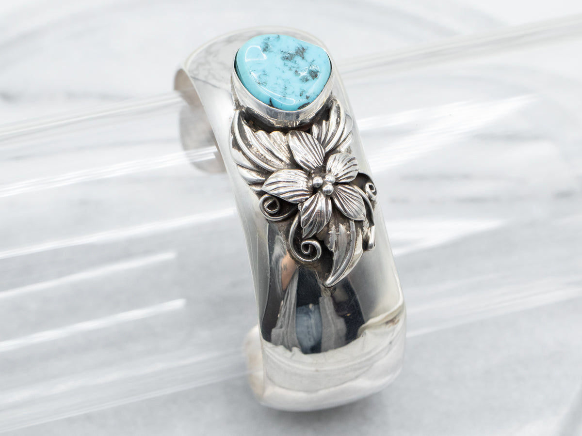 Gorgeous Native American signed turquoise flower sterling 2024 silver cuff bracelet