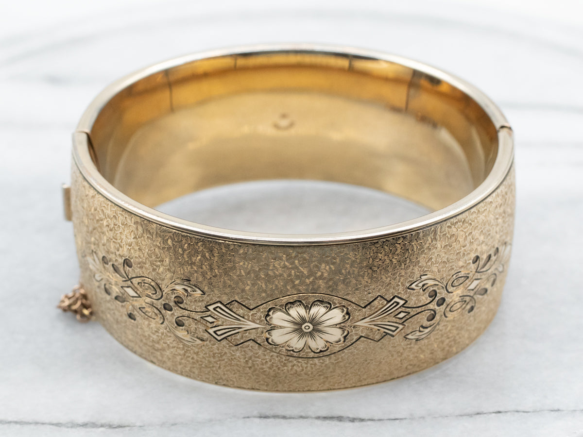 Stunning 1950s Gold store Filled Etched Floral Bangle Bracelet