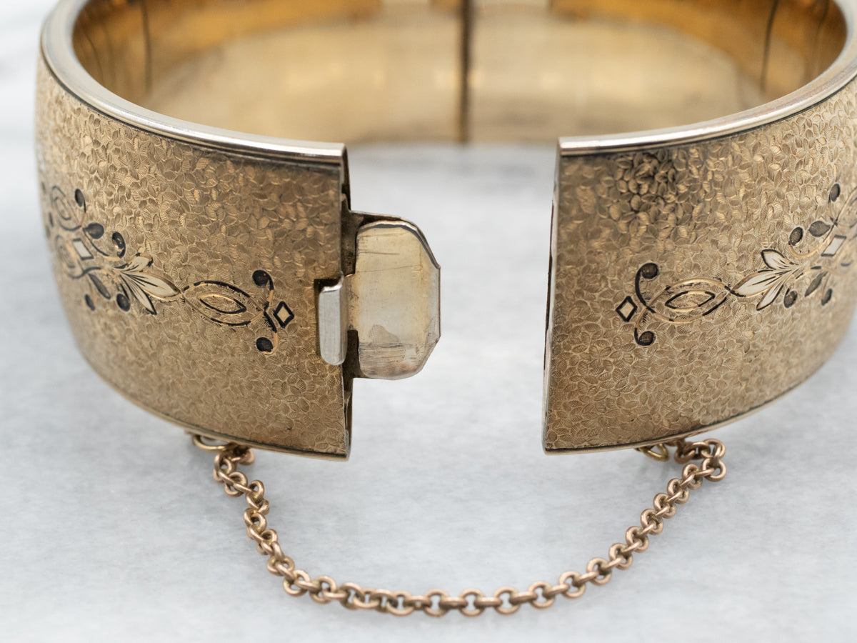 Stunning 1950s Gold Filled Etched Floral Bangle Bracelet outlets