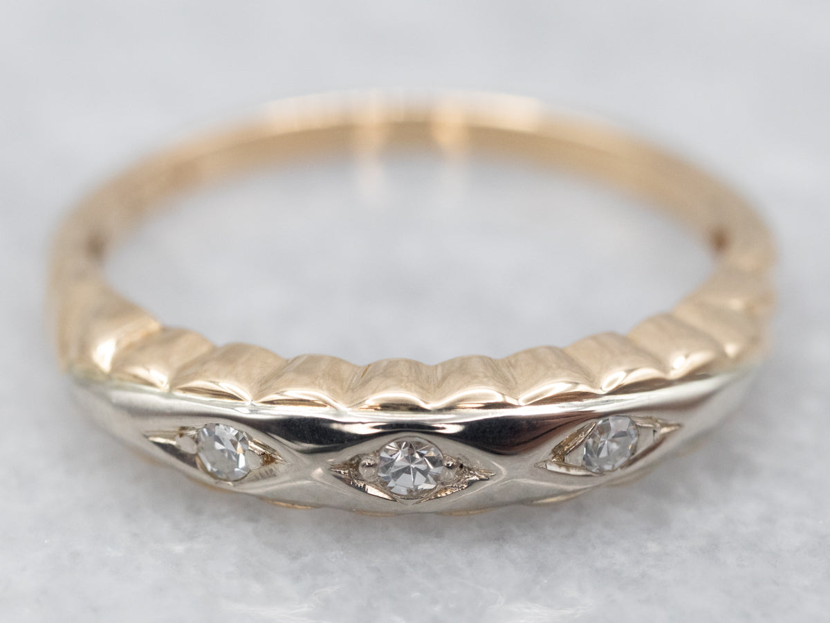 Retro Three Stone Diamond Band in Two Tone Gold