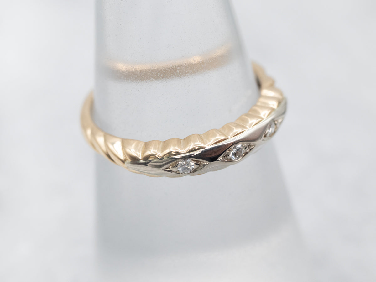 Retro Three Stone Diamond Band in Two Tone Gold