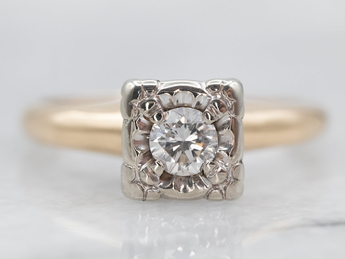 Retro Two Tone Diamond Solitaire Engagement Ring