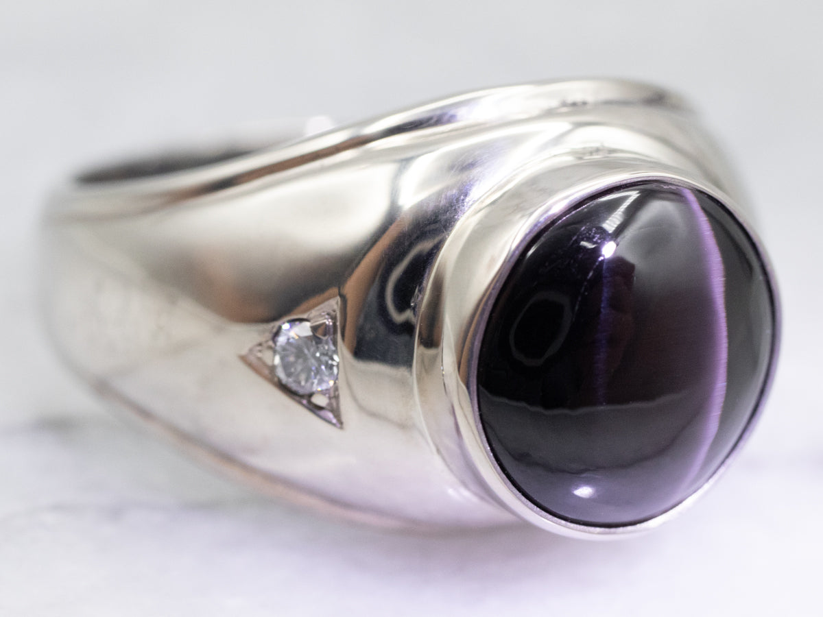 White Gold Cat&#39;s Eye Sillimanite Ring with Diamond Accents