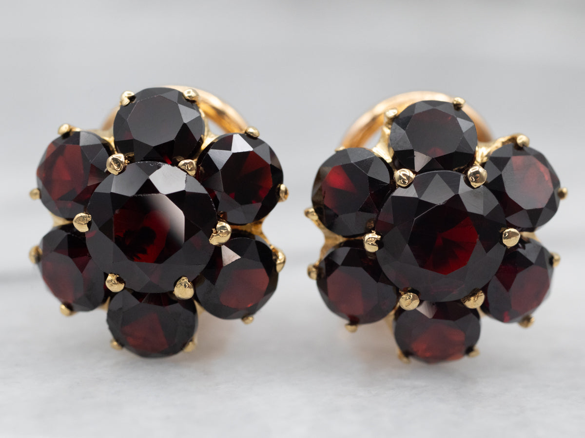 Vintage Italian Gold Pyrope Garnet Cluster Earrings