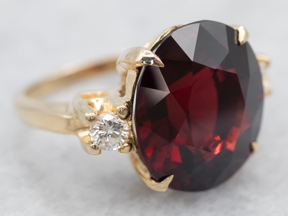 Pyrope Garnet and Diamond Three Stone Ring