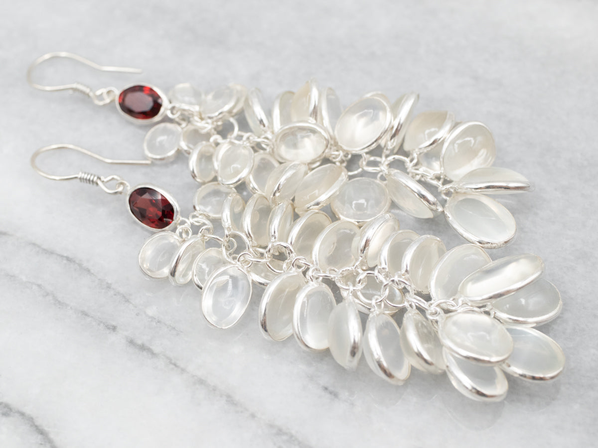 Sterling Silver Moonstone Drop Earrings with Garnet Accents