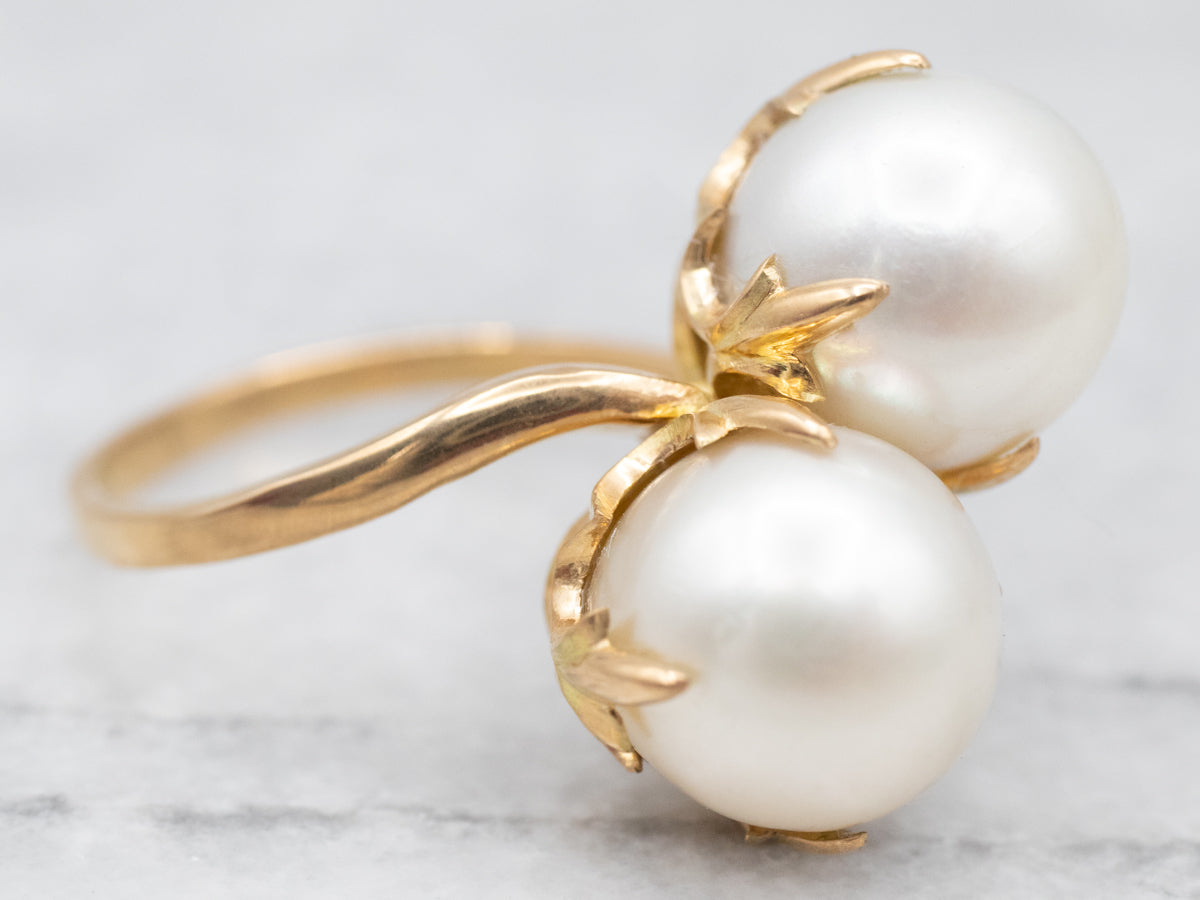 Luxurious Yellow Gold Pearl Bypass Ring