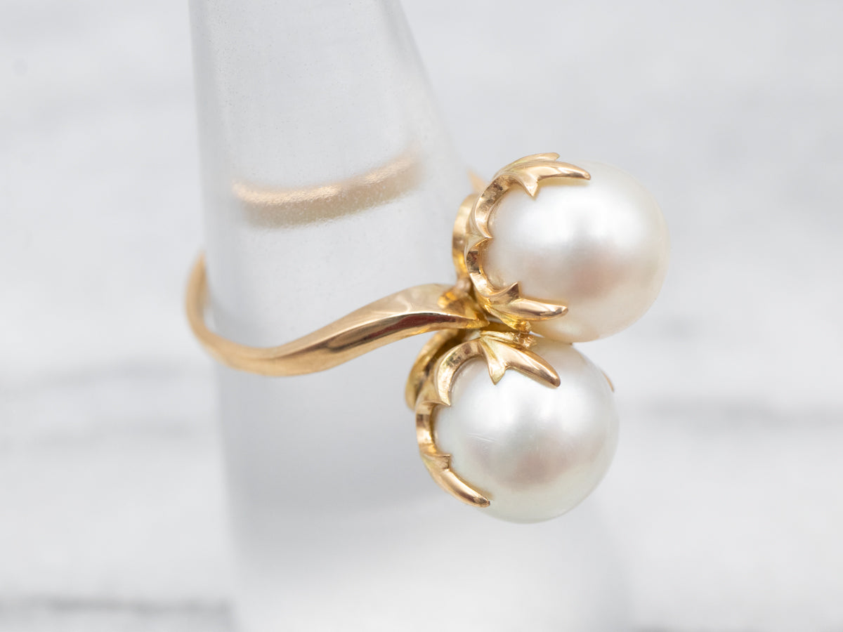 Luxurious Yellow Gold Pearl Bypass Ring