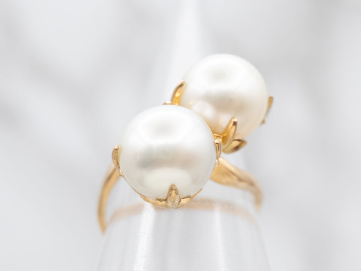 Luxurious Yellow Gold Pearl Bypass Ring