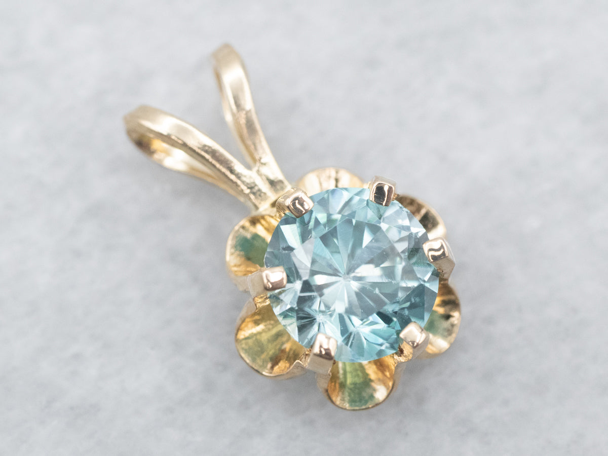 Yellow Gold Blue Zircon Buttercup Solitaire Pendant